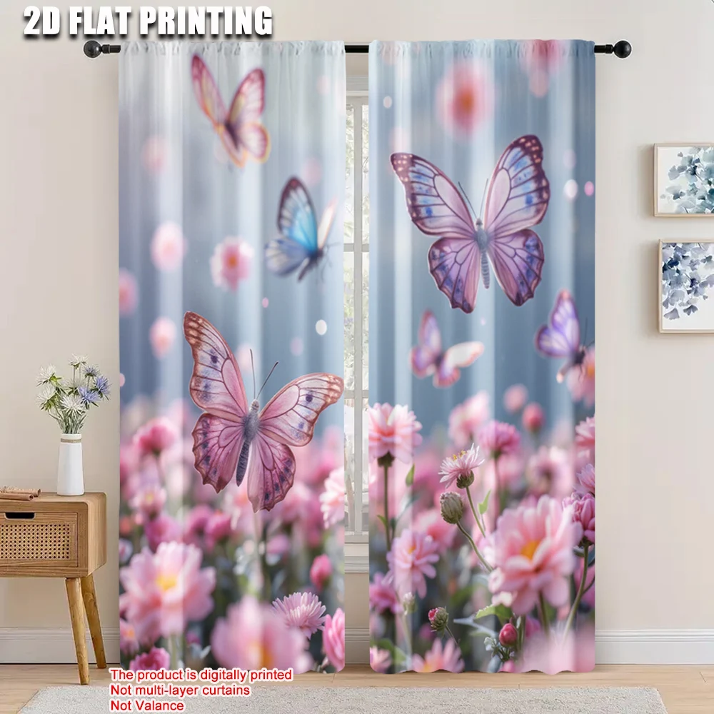 

2pcs, 2D flat printing Party Curtains Pink Flowers and Butterflies Versatile 100% Polyester,Without Electricity Birthday Party