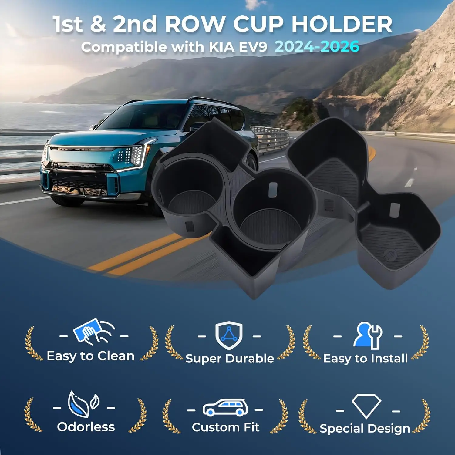 Cup Holder Inserts for KIA EV9 2024-2026 Land/GT-Line/GT TPE Center Console Front Rear Cup Holder Liner Protector  Accessories view 6