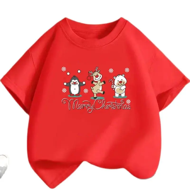 Cute Deer Merry Christmas Print Boys/Girls White T-shirt Kids Red Summer Kawaii Funny Clothes Little Baby Clothes