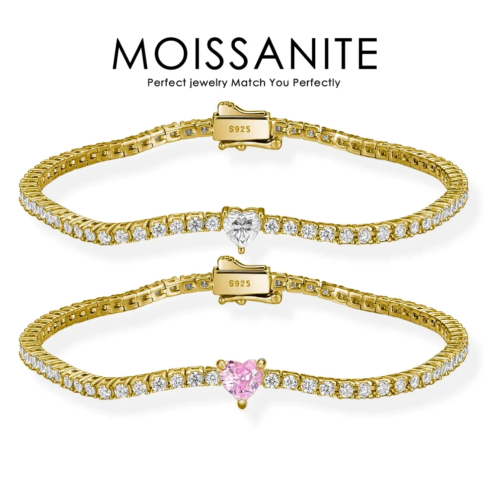 

2mm Full Moissanite Pink Heart Tennis Bracelet - Dual Tone 18K Gold Plated S925 Sterling Silver for Sophisticated Style