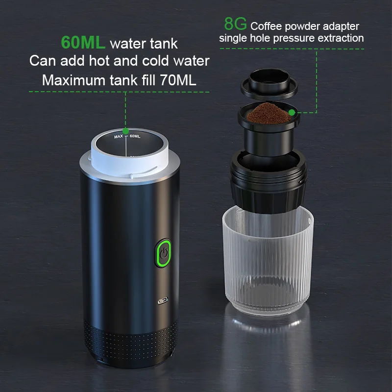 Macchina per caffè espresso portatile elettrica wireless per auto e casa Caffettiera da campeggio Caffettiera da viaggio in polvere con capsule 3 in 1