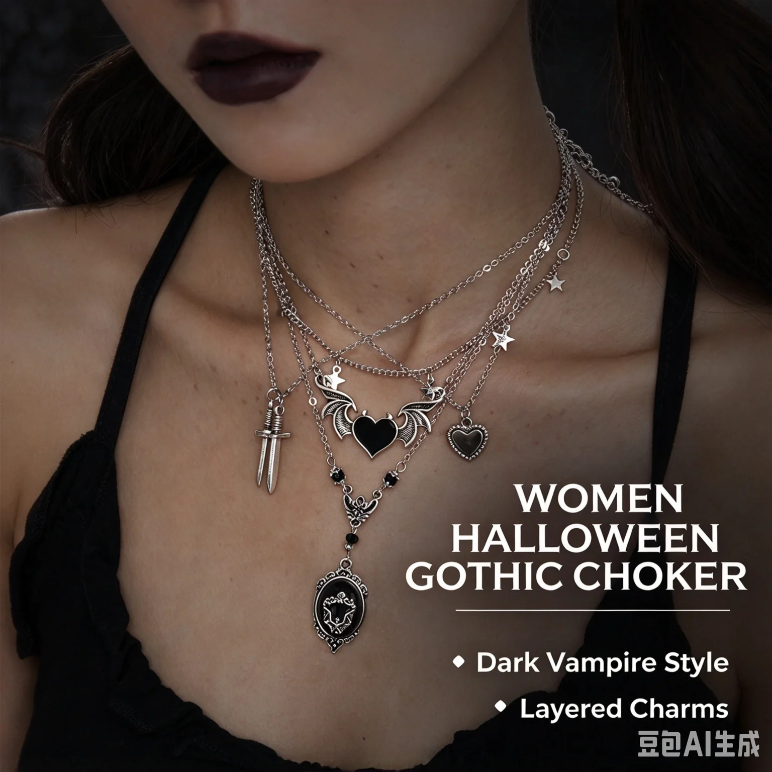 Black Heart Gemstone Gothic Choker Necklace for Women, Multi-Layer Vampire Necklace with Bat, Sword, Star Charms, Halloween Part