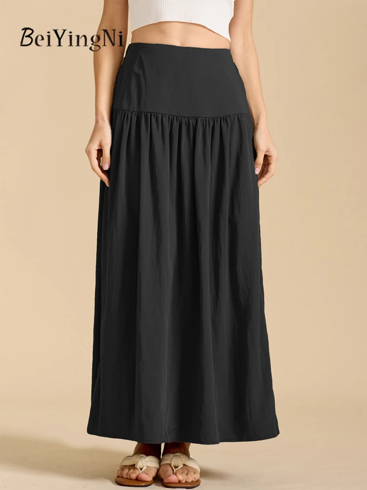 Beiyingni New In Women Long A-line Skirt Solid Color Casual Elegant High Waist Maxi Skirts Female Ruched 2025 Faldas Clothing