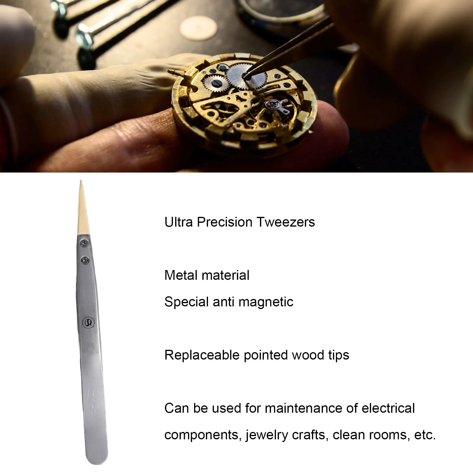 Precision Tweezers Watch Repairing Anti Slip Lock Pointed Replaceable Wooden Tips Anti Magnetic Tweezers 27 Size for Modeling