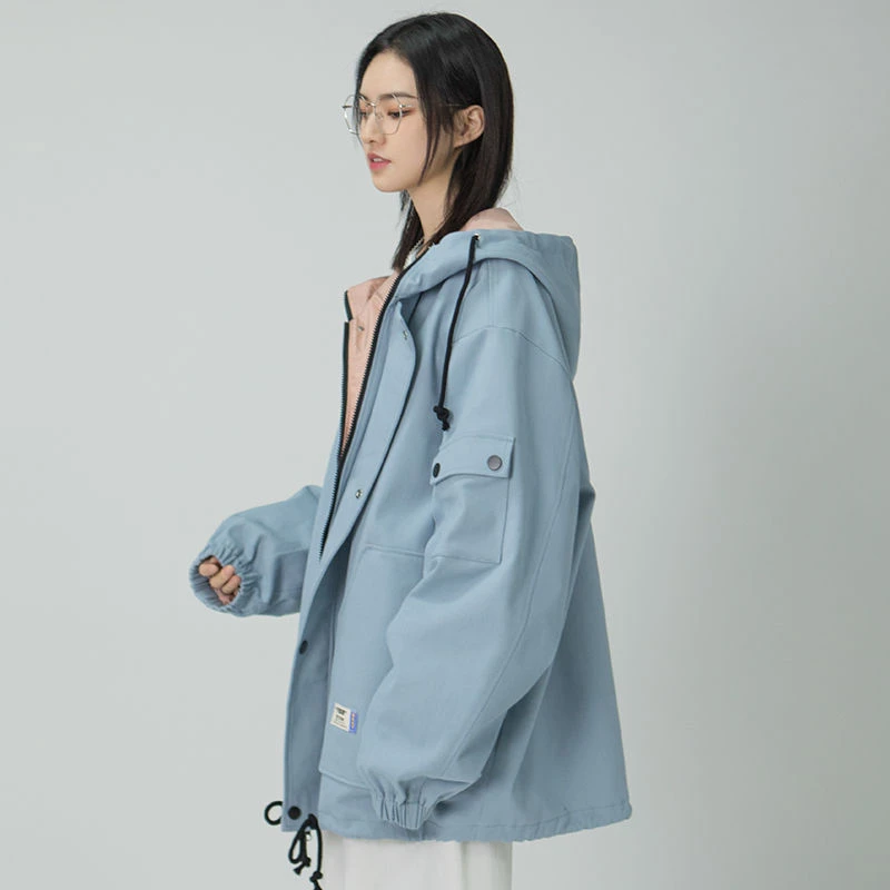 Fashion 2024 Spring Short Hooded Trench Coat Women Loose Hooded Jacket Retro Windbreaker Loose Cargo Jacket Female Outwear