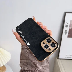 Personalized Customized Name DIY Case For iPhone 16 15 14 13 12 Pro Max Luxury Plating Leather Lambskin Metal Lens Cover 11 Pro