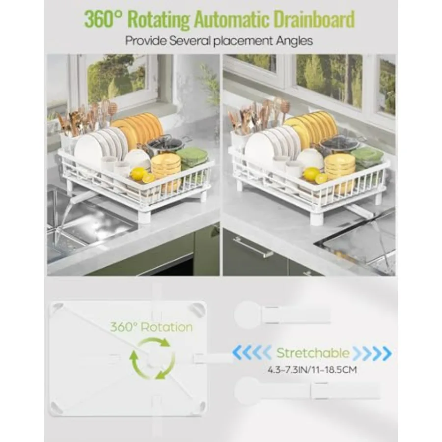 رف تجفيف الأطباق الموفر للمساحة لطاولة المطبخ مع فوهة تصريف قابلة للدوران 360 درجة، رف أطباق متعدد الوظائف يتميز بمدمج
