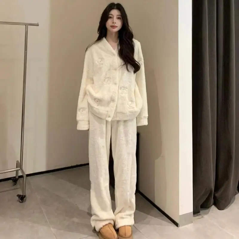 

Женский пижамный комплект, осенне-зимняя пижама из кораллового флиса, утепленная фланель, комплект одежды для сна, нежная носимая верхняя одежда, домашняя одежда