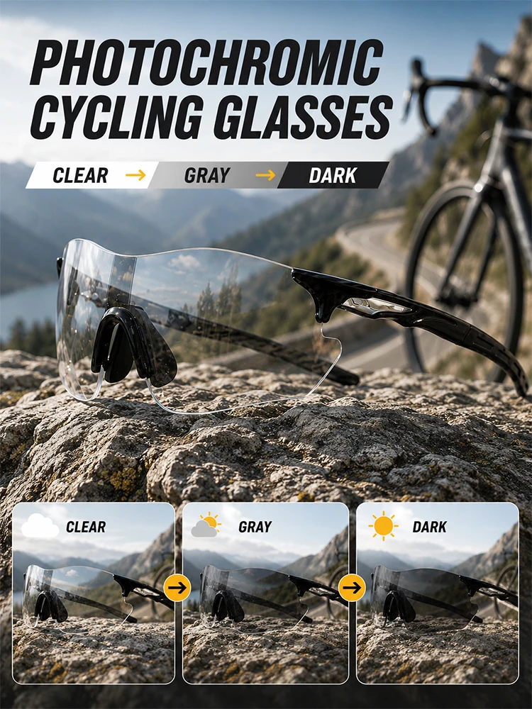Photochrome Fahrradbrille, randlose Sport-Sonnenbrille, UV400, blendfrei, Fahrradbrille für Männer und Frauen, zum Laufen, Angeln, im Freien