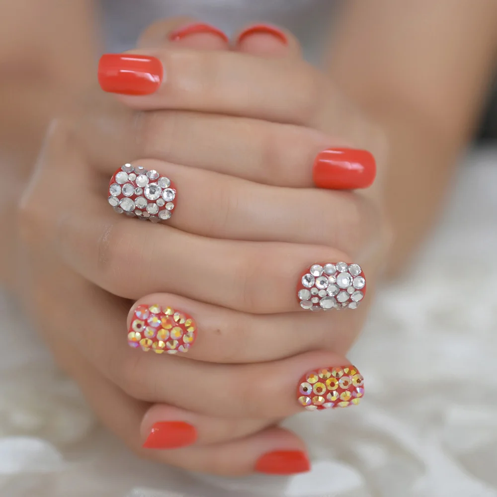مخصص حجر الراين الأظافر قصيرة لامعة الأحمر Squoval السيدات الاصطناعي الاكريليك أظافر كريستال رائع الأظافر #6
