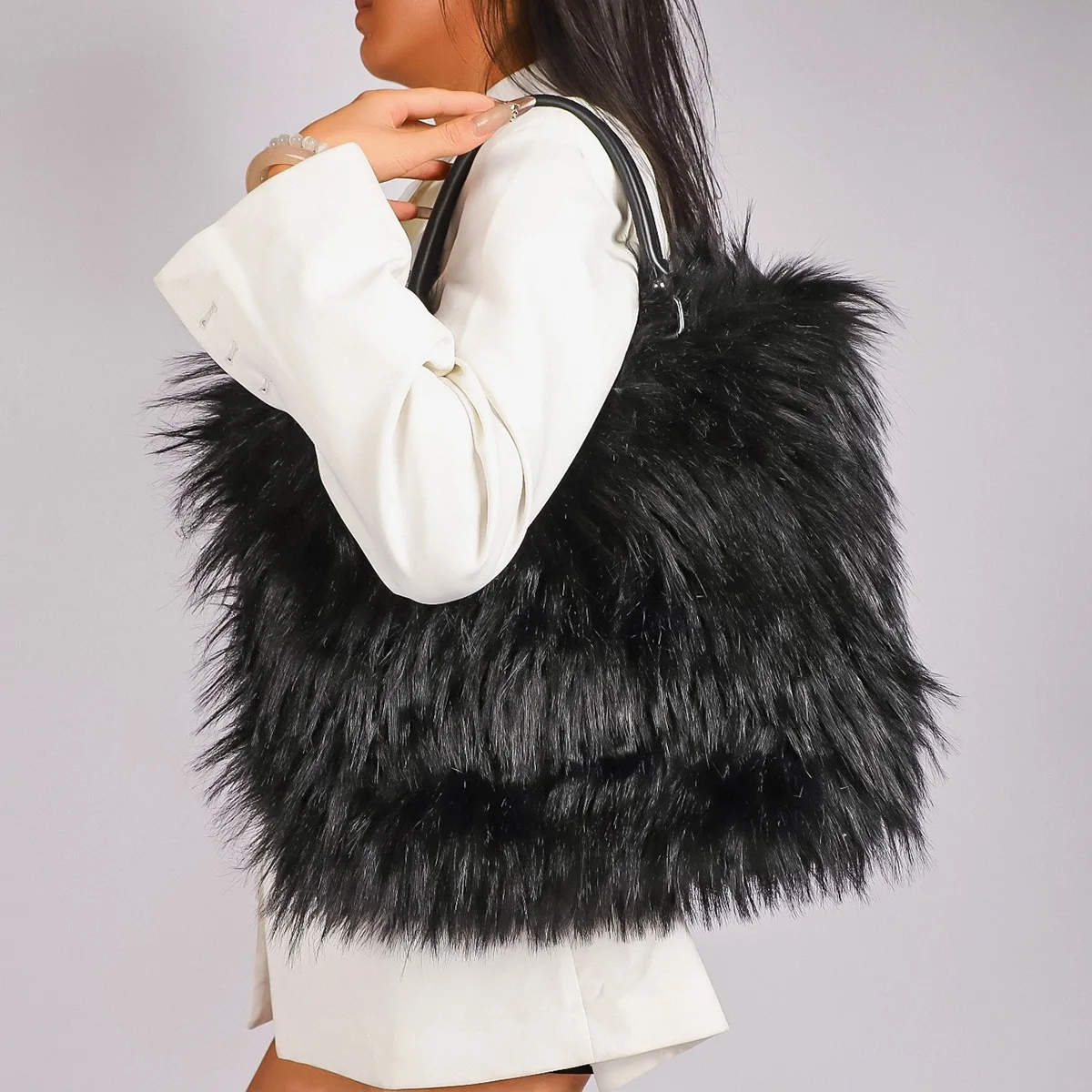 Ladies Faux Fox Fur Tote Bag Winter Fluffy Furry Plush Handbag Large Capacity Top Handle Shoulder Shopping Bag