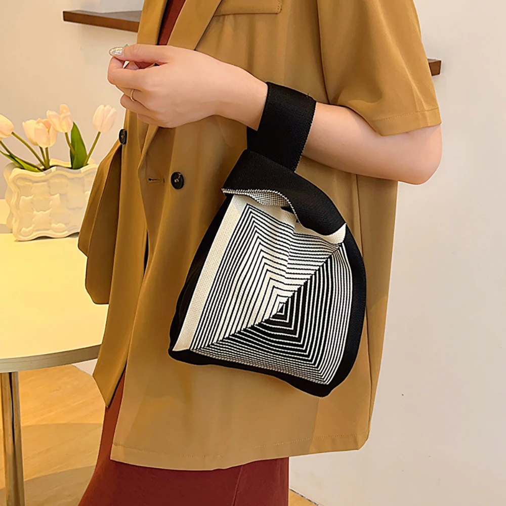 Women'S Knot Wrist Bag Portable Mini Striped Tote Handmade K
