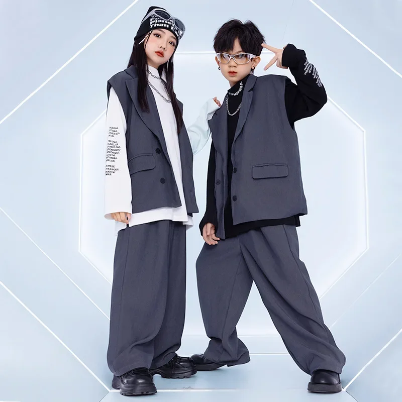 8-16 Hip-hop Costumes Boys Spring and Autumn Gray Suits Stage Costumes Girls Jazz Dance Performance Skateboarding Clothing