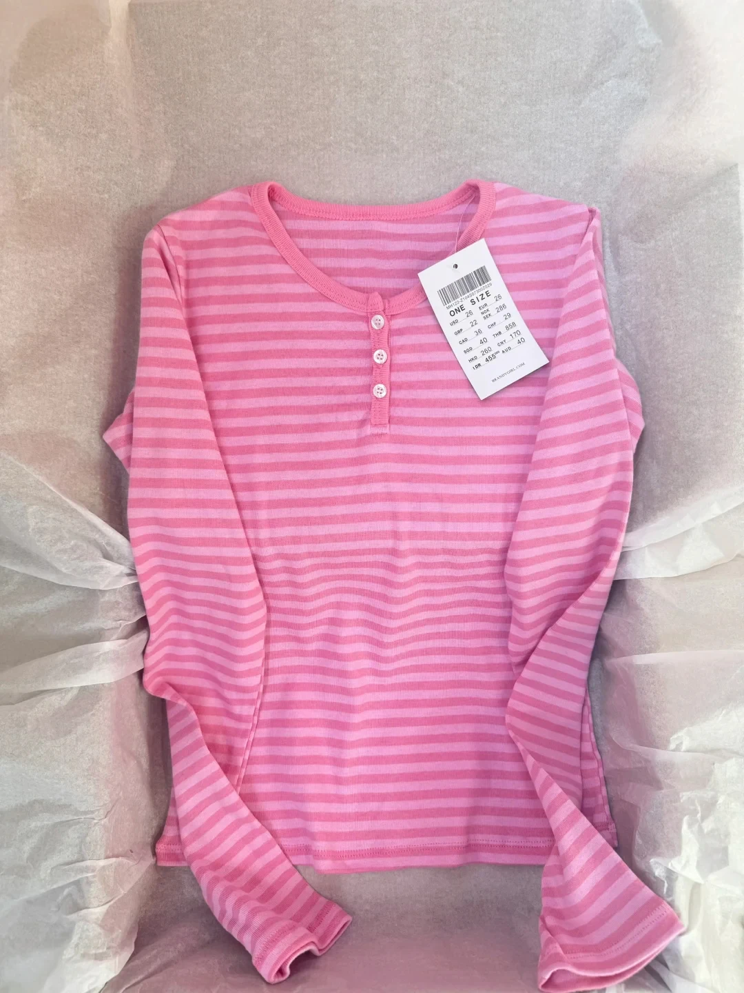 Three Buttons Pink Striped T-shirt Women Round Neck Cotton Slim Long Sleeve T-shirts Autumn Sweet Casual Simple Basic Tops Tees