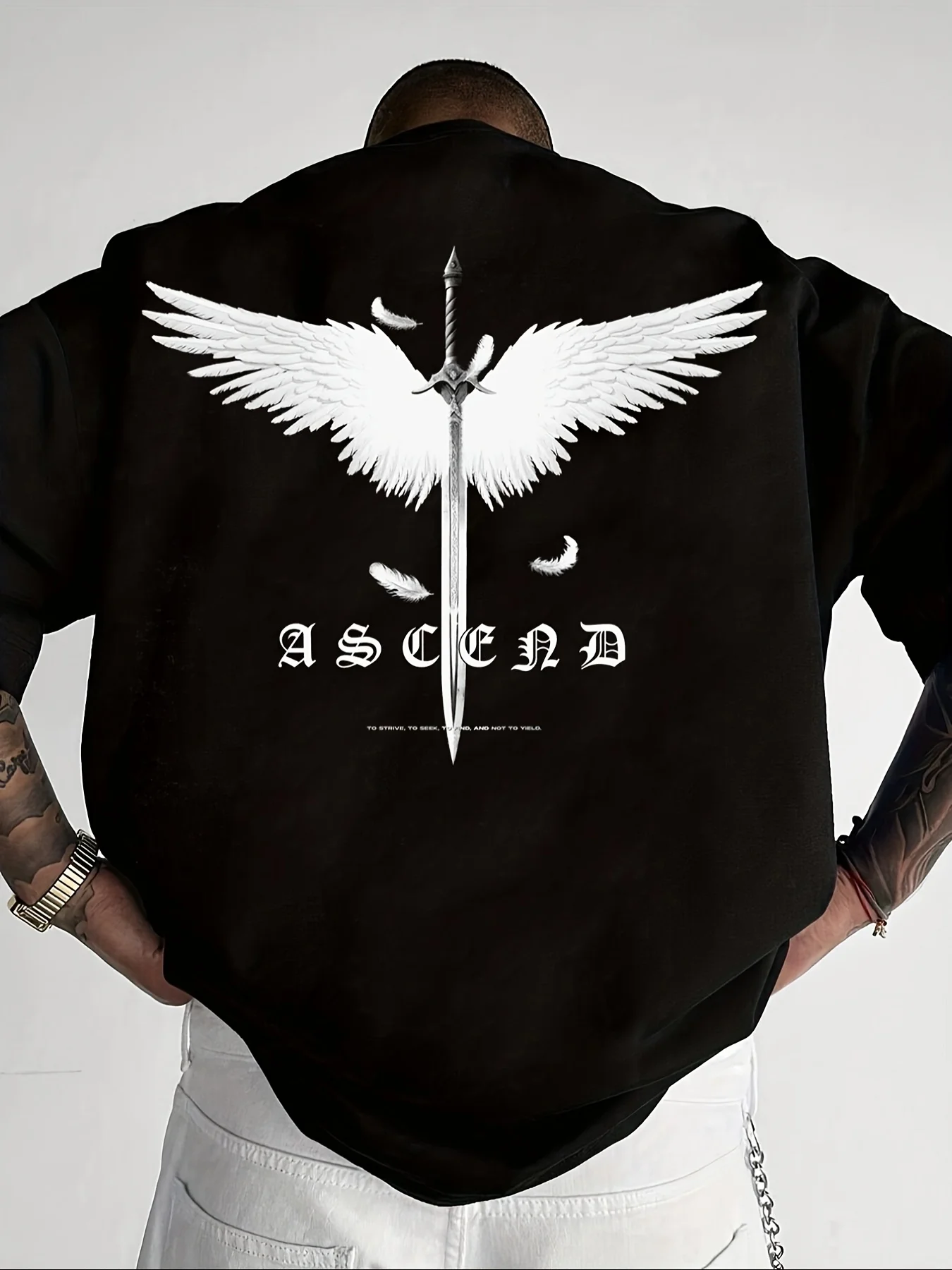 Men's Breathable Polyester Casual T-Shirt with Angel Wings & Sword Graphic - Crew Neck, Short Sleeve, Loose Fit for Summer Sportswear, Breathable Tshirt | Mystical Design | Smooth Texture