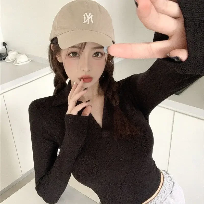 New Polo Neck T Shirt for Women Long Sleeve Woman Tshirt Autumn Winter Aesthetic Polyester On Offer High Quality Y2k Fashion