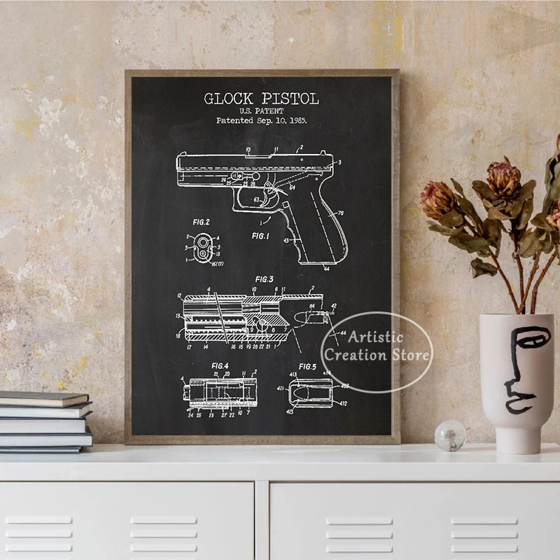 Gun New Patents Pistol 1881 Patent Posters Vintage Black Gold Canvas Painting Print Patent Pictures Living Room Wall Home Decor