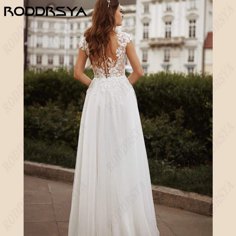 RODDRSYA Plus Size Appliques di pizzo abiti da sposa semplici fiori senza maniche Sweep Bride Party Tulle Beach abiti da sposa civili Plus Size Appliques di pizzo abiti da sposa semplici fiori senza maniche Sweep Bride