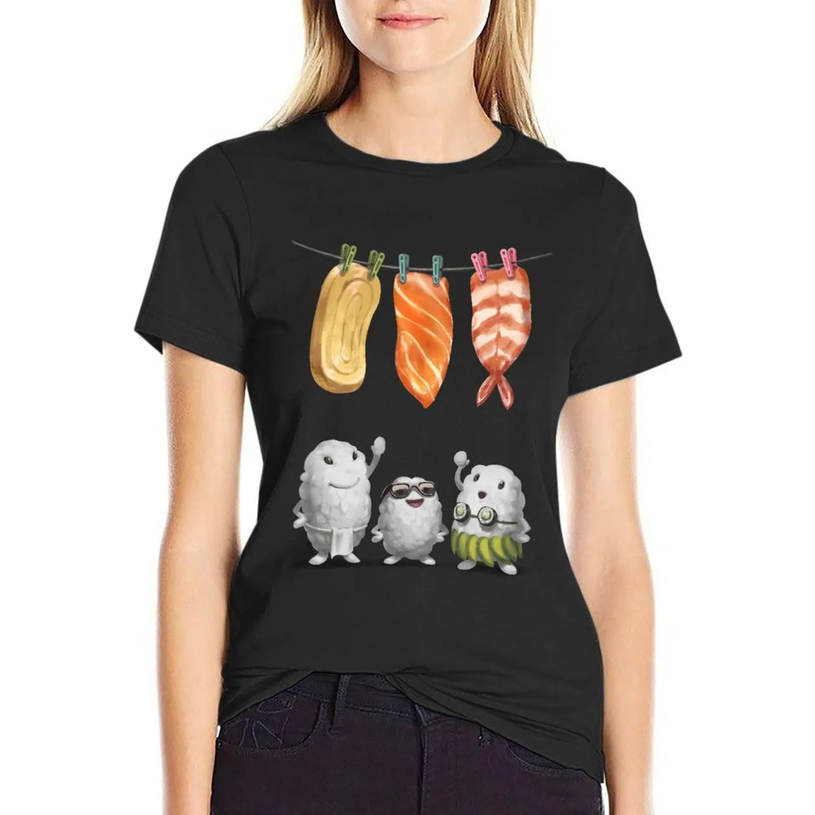 Salmon, Tamago, Ebi Nigiri Sushi Doing Laundry, Japanese Foodie T-Shirt anime animal print Women clothing