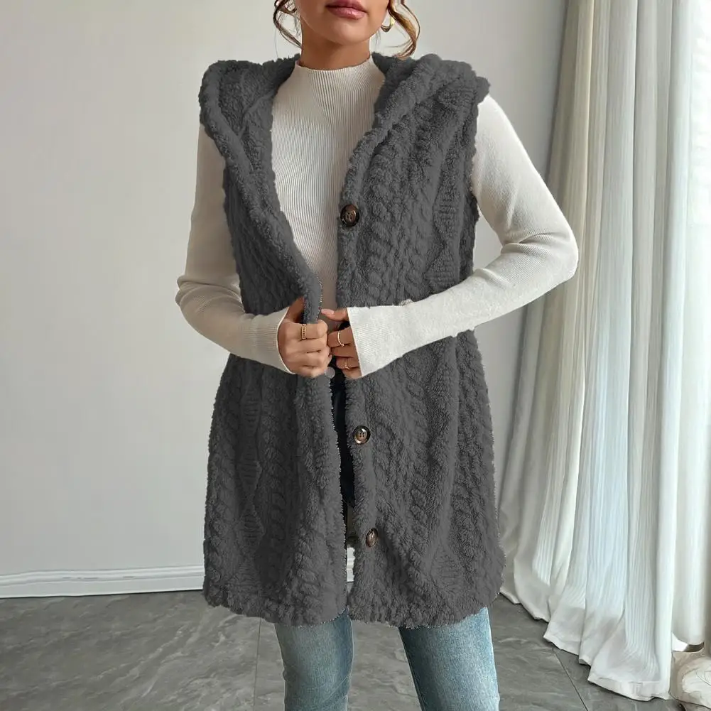 Women Sleeveless Hoodie Coat Button Down Faux Fur Fuzzy Coat Oversized Hooded Vest Fall Outerwear Casual Loose Hooded Women Vest