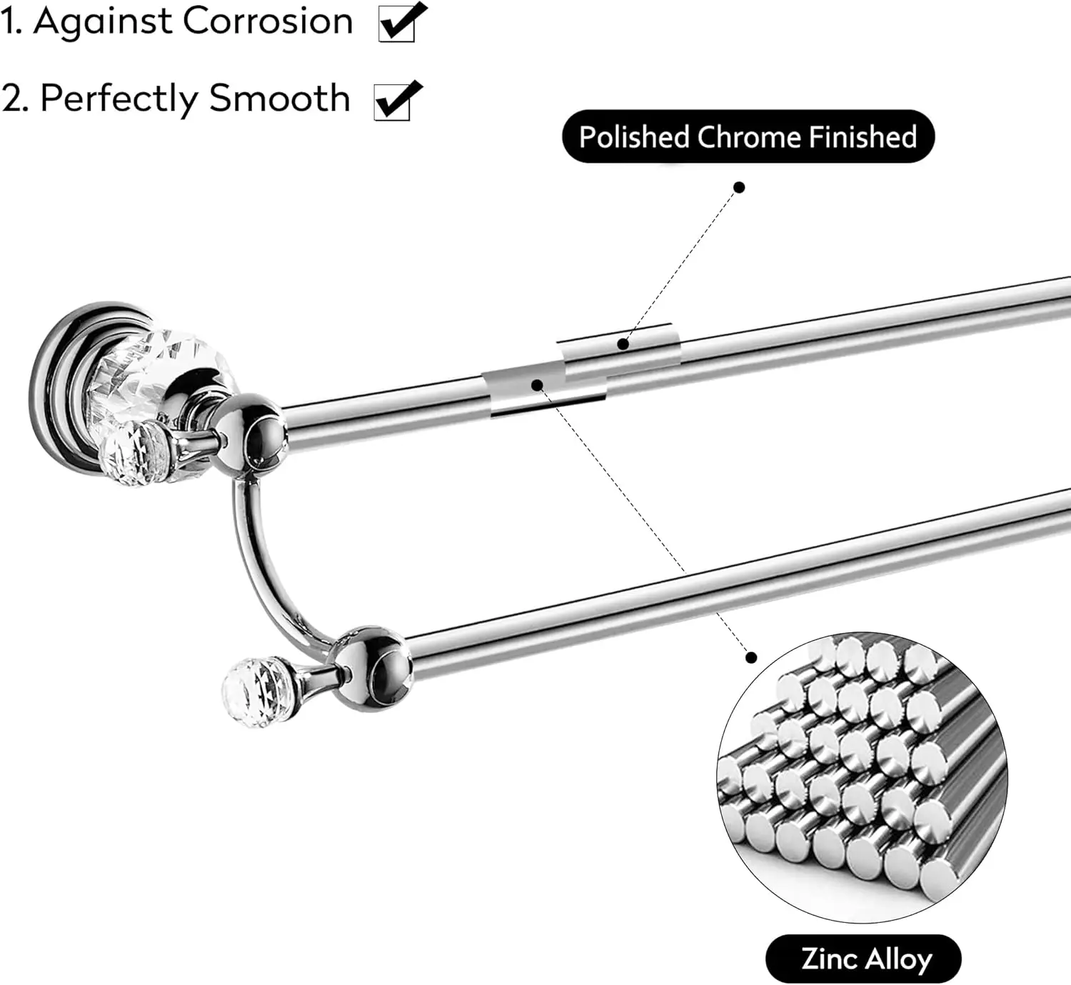 Chrome Towel Bar, Adjustable Double Towel Holder, Silver Crystal Bathroom Towel Racks Wall Mounted