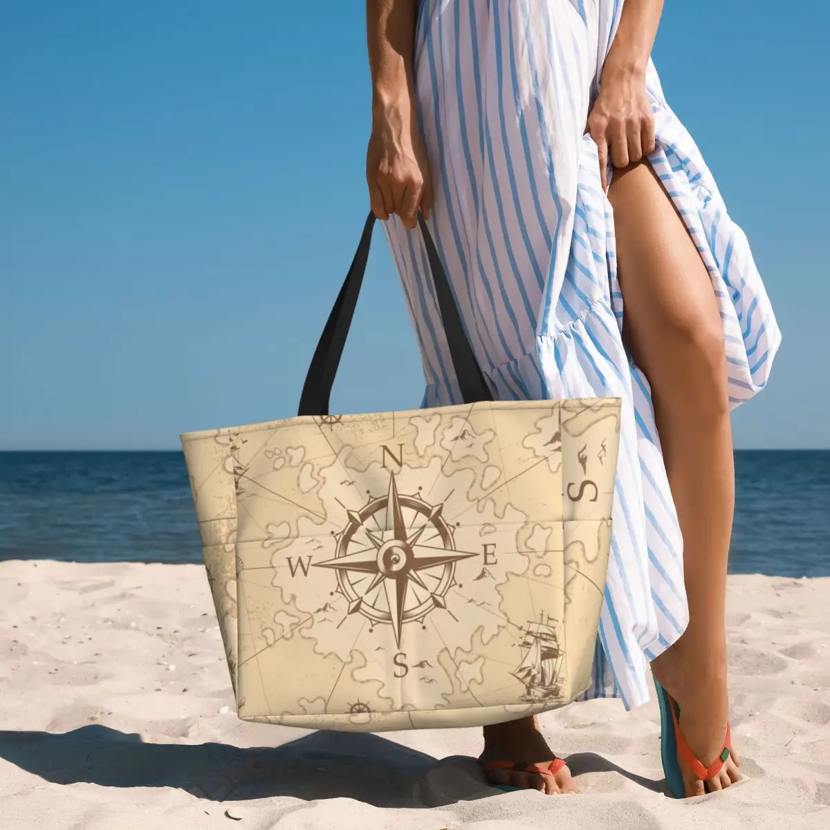 Borsa Tote da spiaggia con mappa dei pirati Vintage personalizzata per donna Extra Large Gym Carry On nautica Compass Sailor Travel Shopping Bags