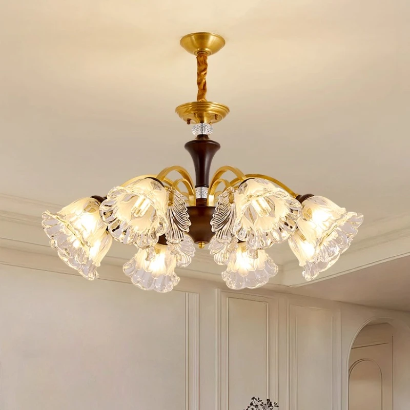 

French Retro Copper Crystal Glass Chandeliers Pendant Light LED E27 Gold Lustre Luxury Hanging Lamp Living Room Restaurant Hotel