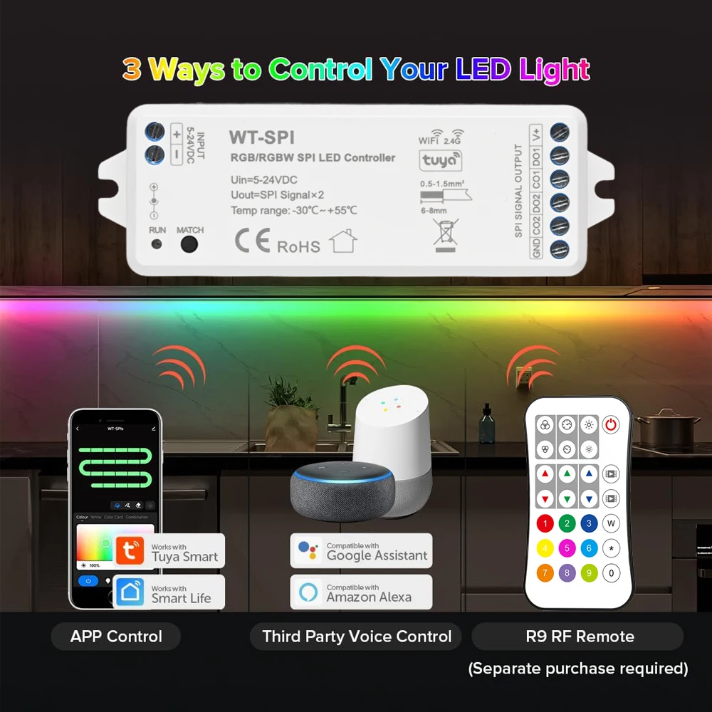 WS2812B WS2811 2.4G WiFi WT-SPI RGB SPI LED Strip Controller Tuya APP/Smart Life/Google Home/Alexa Control Support WS2813 WS2815