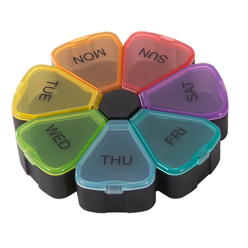 1 Piece Round Portable Pill Box PP Medicine Planner Round Shaped Small Case Weekly Pill Organizer 7-Sided Pill Reminder