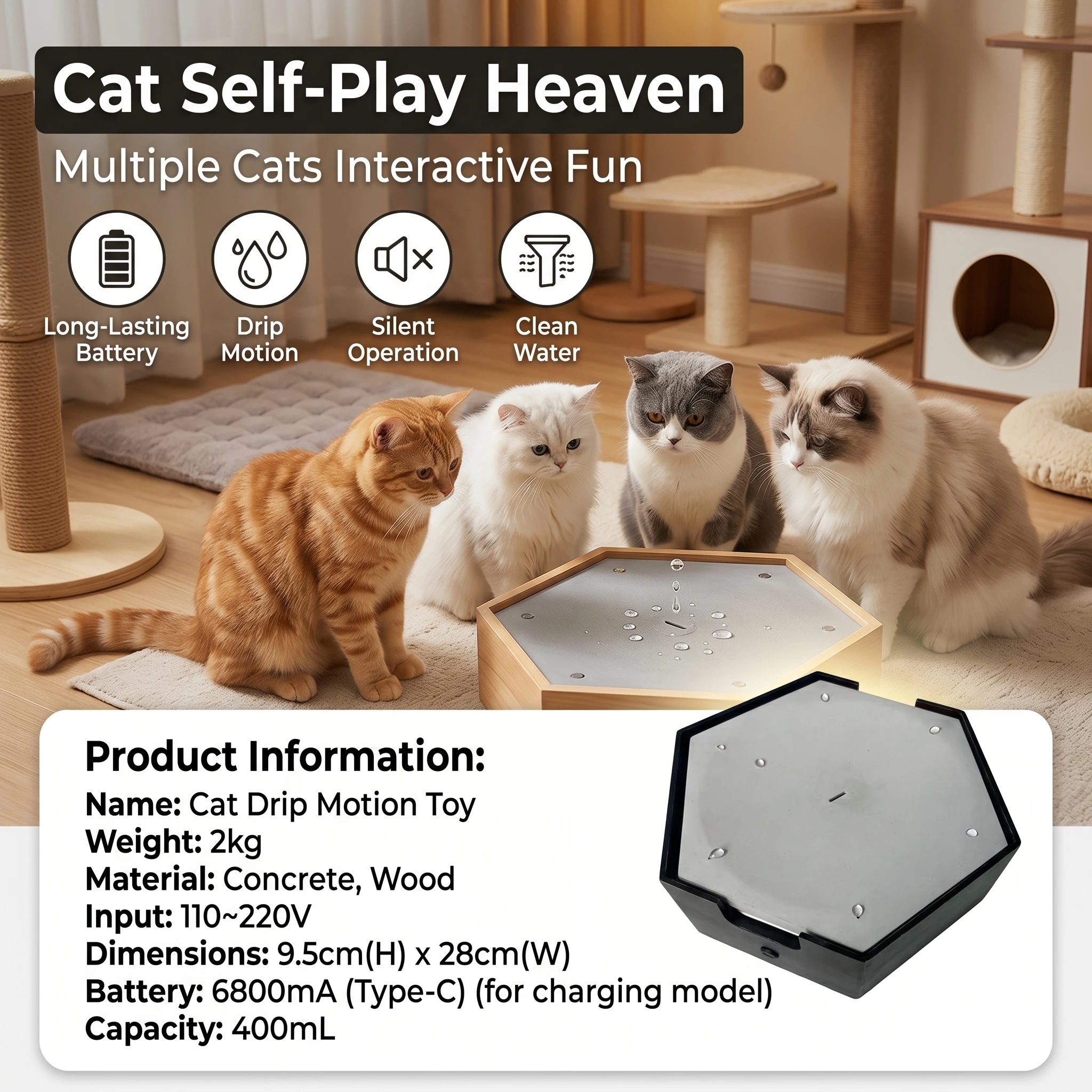 Rolling Water Droplets Cat Water Bowl Cat Water Dispenser Cat Toy Accessories Rechargeable Adjustable Speed Decoration
