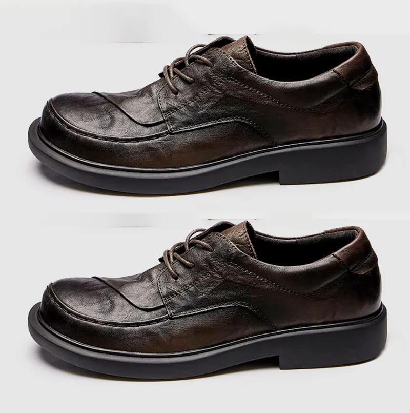 LIHUAMAO Genuine Leather Men Derby Shoes Casual Outdoor Walking Square Heel Lace Up Casual Thick Outsole Dress Leather Shoes