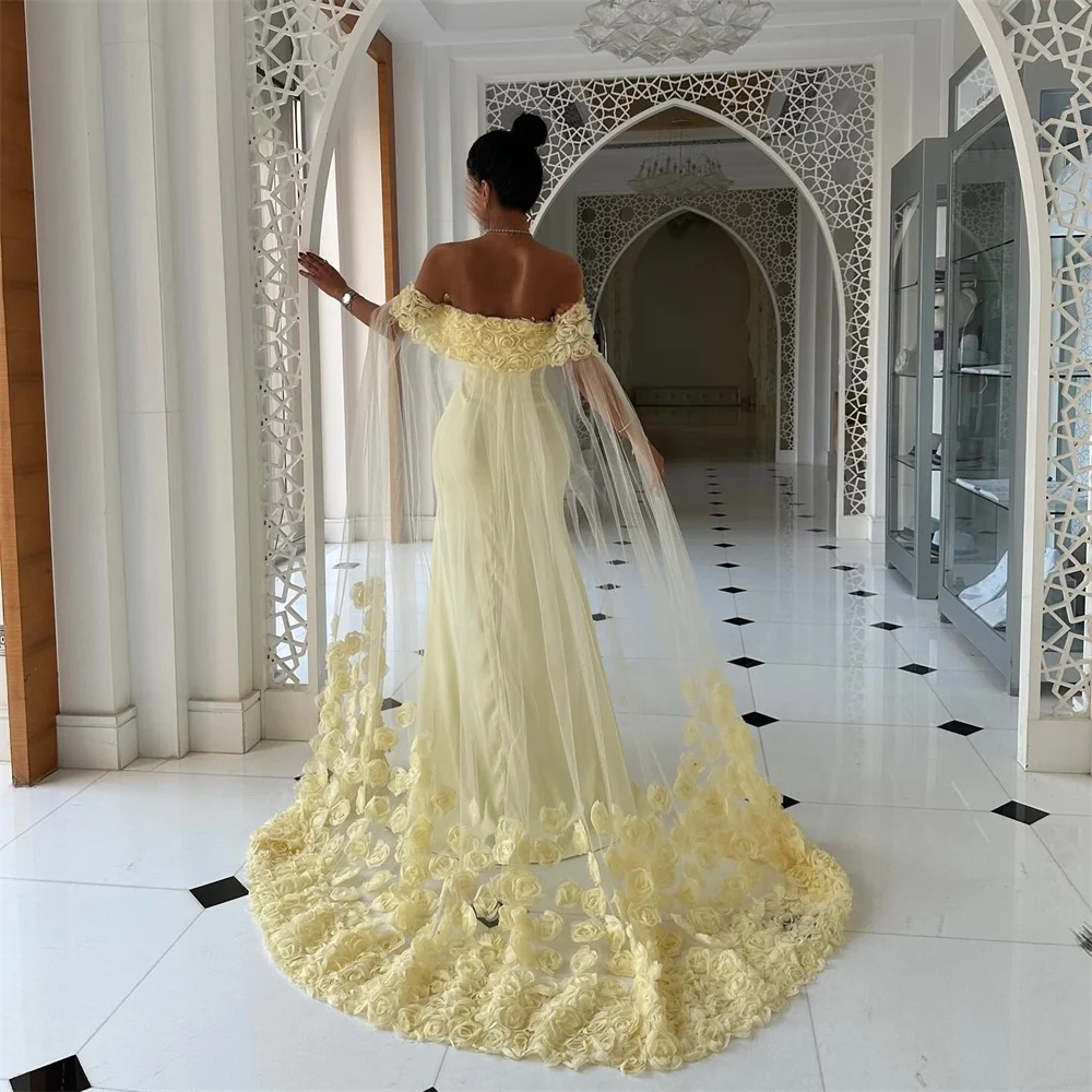 Amanda Customized Yellow Off Shoulder 3D Flower Prom Dress Mermaid Sleeveless vestidos de noche Floral Train Formal Evening 2025
