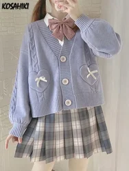 KOSAHIKI Japanese Kawaii Knitted Cardigan Women Heart Bow Pockets Cute Sweater Coat JK Girl Sweet Loose V-neck Kardigan Damski