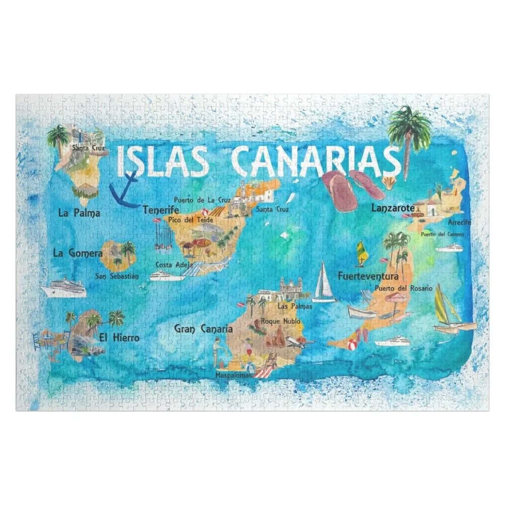 

Canary Islands Illustrated Travel Map with Tenerife, Gran Canary, Lanzarote, Fuerteventura La Palma Gomera and Hie Jigsaw Puzzle