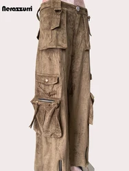 nerazzurri Spring Cool Long Soft Faux Suede Leather Straight Cargo Pants Women Many Pockets High Waist Luxury Designer Clothes