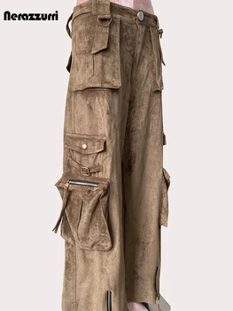 nerazzurri Pantaloni cargo dritti in pelle scamosciata sintetica morbida lunga primavera fresca da donna Abiti firmati di lusso a vita alta con molte tasche