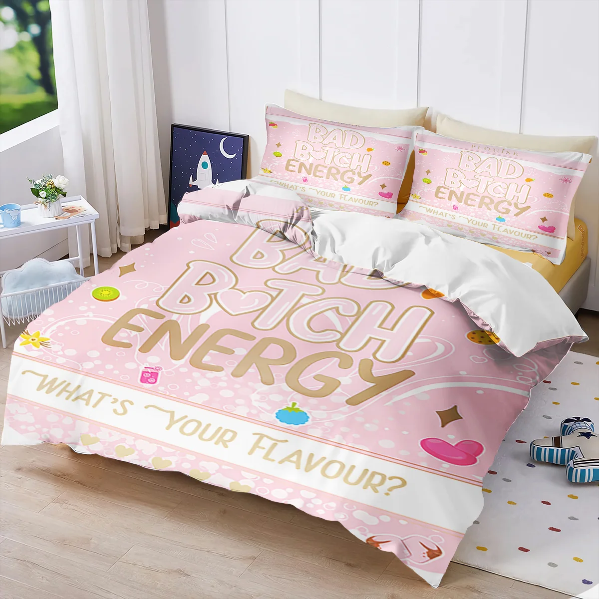 Bad Bitch Energy 3PC Queen Bedding Set  Feminist Slogan Duvet Cover set Feminist Slogan Print Soft Microfiber Bedroom Essentials