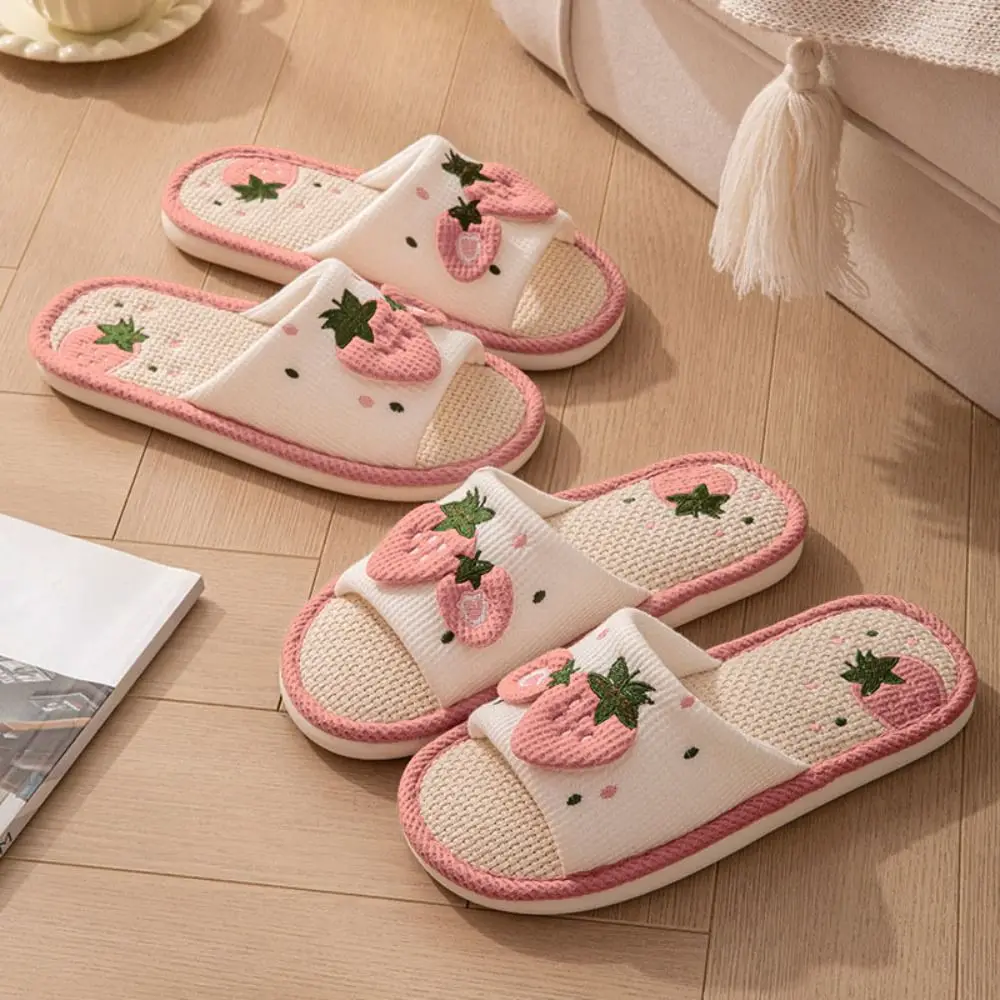 

Soft Sole House Linen Slippers Anti Slip Flax Strawberry Slippers Women Breathable Open Toe Sweet Indoor Slippers Bedroom