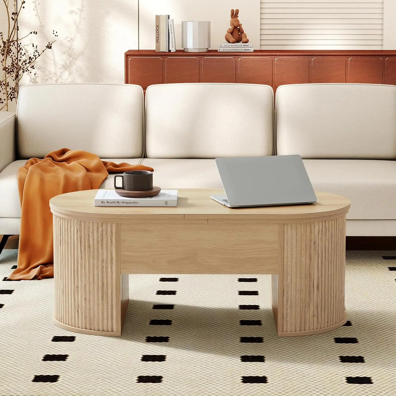 Lift Top Coffee Table, Fluted Coffee Table with Lifting Top, Wooden Lift Up Dining Table with Hidden Compartment, Center Table
