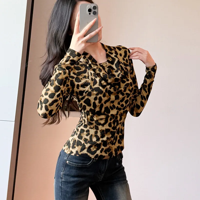 

2025,New,European,Clothes,T-Shirt,Fashion,Sexy,Halter,Print,Leopard,Mesh,Women,Tops,Long Sleeve,Bottoming Shirt,Hot,Tees,510029