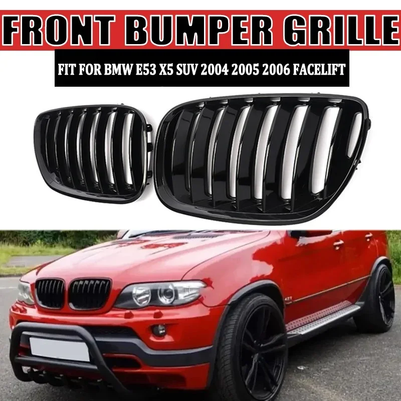 For BMW E53 X5 LCI 2004 2005 2006 Glossy Black Car Front Bumper Kidney Grille Single Line Racing Grills 51137113733 51137113734
