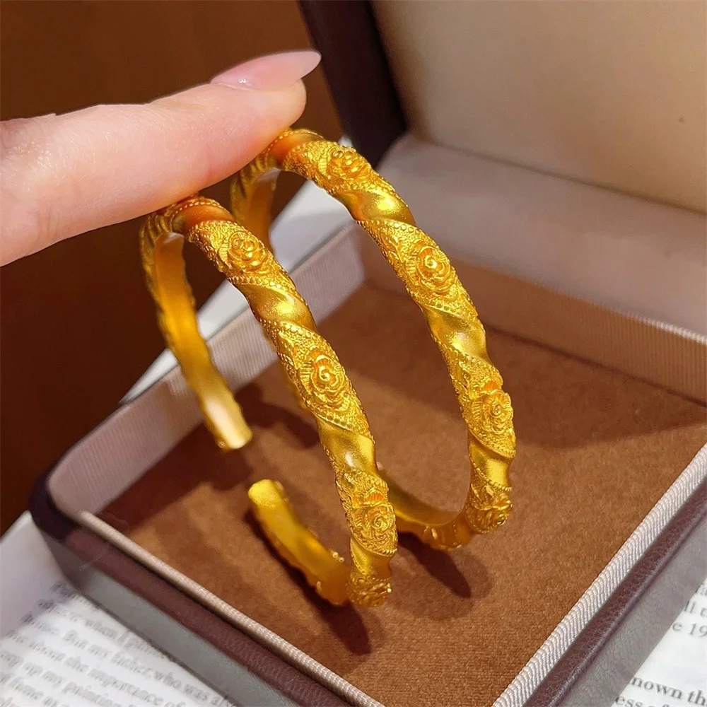 14K Gold-Plated Stainless Steel Twisted Rose Embossed Open Cuff Bangle For Women Retro Punk Temperament Jewelry Wholesale Gift