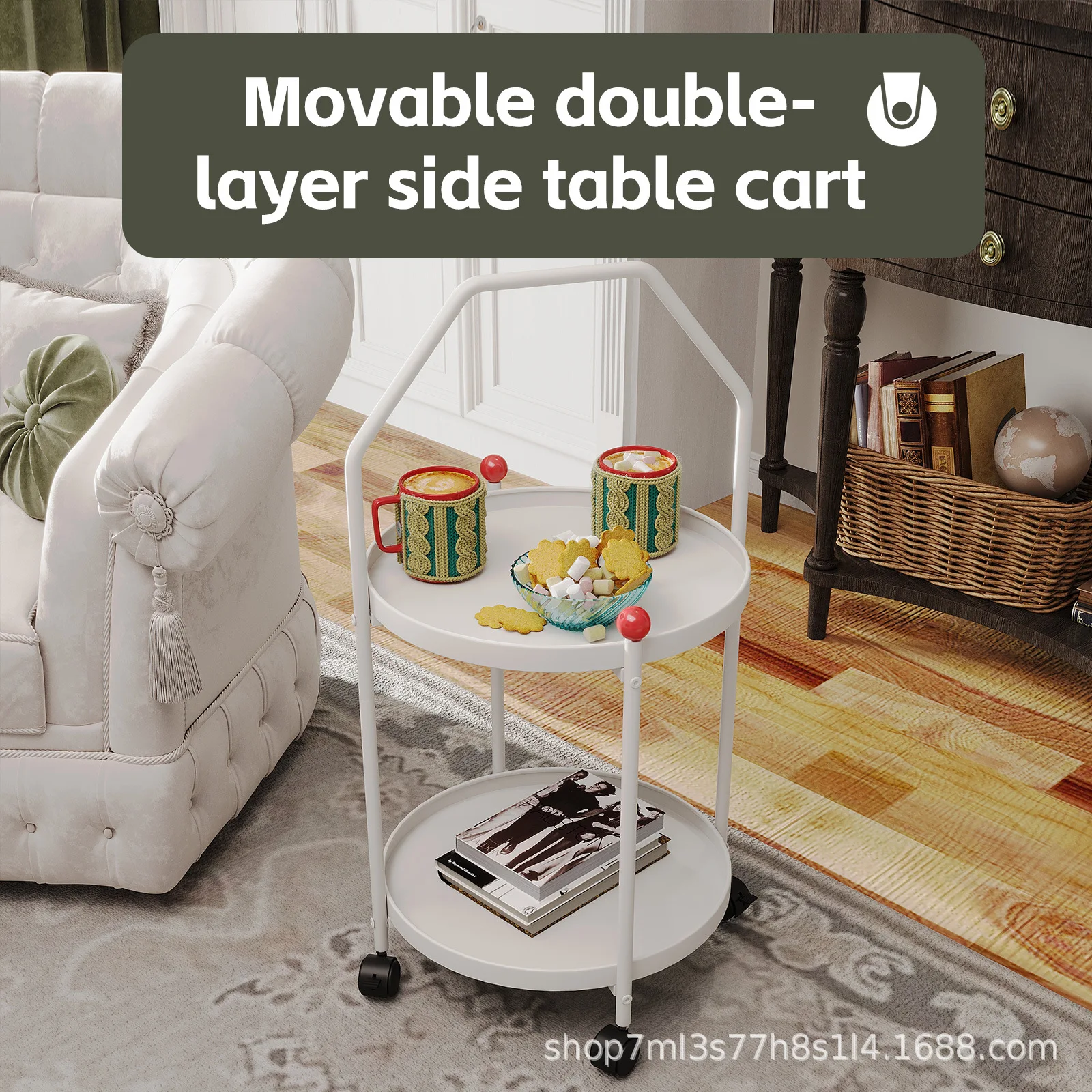 

Cross-border Amazon light luxury small coffee table cart, living room side table movable balcony with wheels, small round table