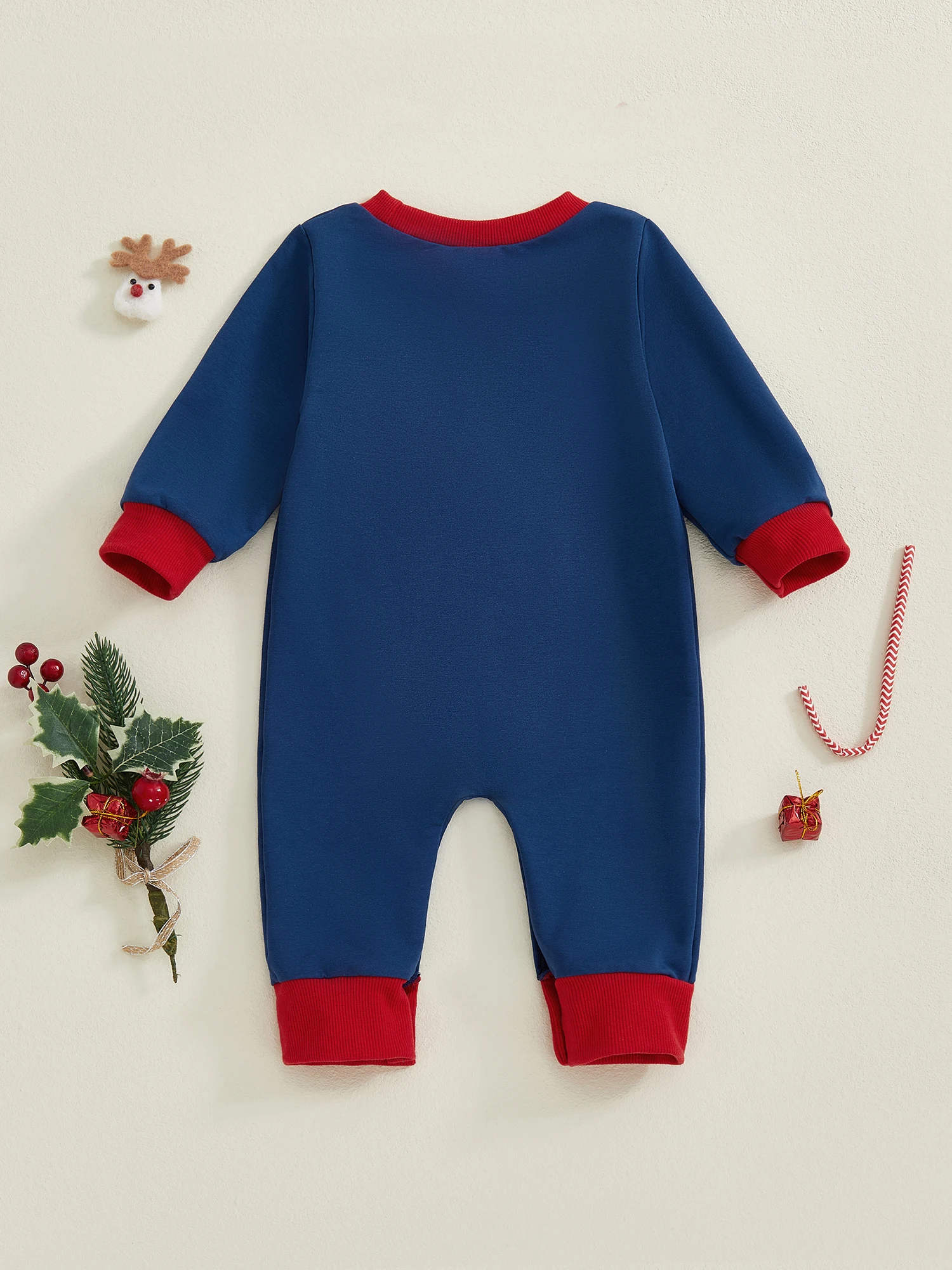 

Infant Boy Holiday Romper with Reindeer Applique and Ribbed Crew Neck Long Sleeve Jumpsuit for Christmas