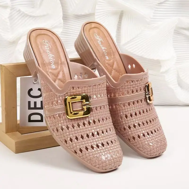 

Женские тапочки Baotou на низком каблуке, непромокаемые нескользящие дышащие летние уличные полутапочки, пляжные тапочки, сандалии