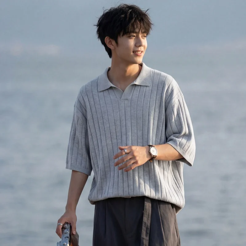 

Men's Summer-Feel Solid-Colour Polo Shirt Short-Sleeved Knitted T-Shirt Soft Stretch Fabric Ribbed Texture