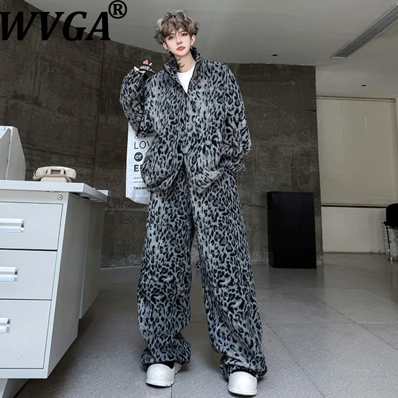 

WVGA Autumn Winter New Men Stand Collar Printed Double Zipper Sweatshirt Niche Chic Casual Wide-Leg Pants Two Pieces Sets W16762