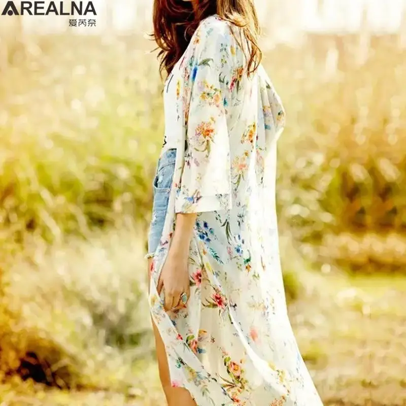 Blusa holgada de Chifón con estampado Floral para mujer, con protección solar Camisa larga, cárdigan tipo Kimono para playa, Verano