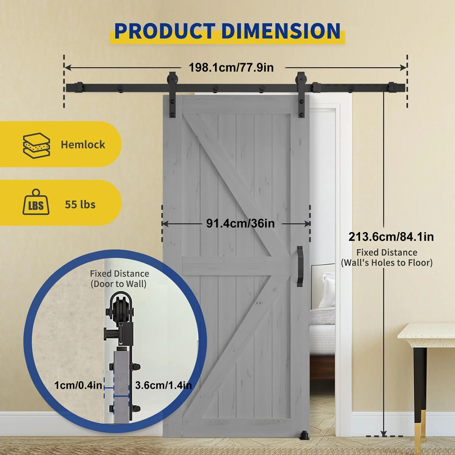 36inx84in Barn Door with 6.5ft Barn Door Hardware Kit & Handle Floor Guide Included Sliding Door Solid Hemlock Wood Pre-Drilled