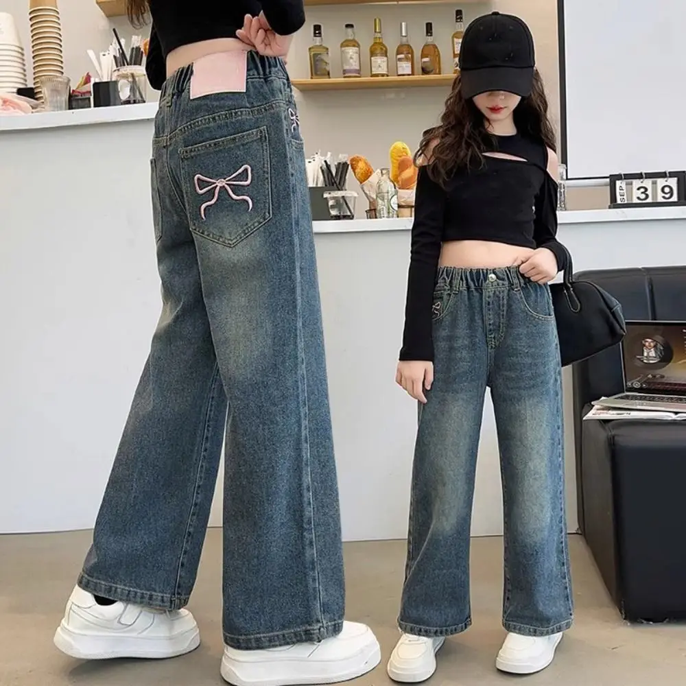 かわいいリボン付きジーンズ ストレート ハイウエスト 子供用 Y2K ジーンズ ワイドレッグ ルーズ リトルガールズ デニムパンツ ストリートウェア
